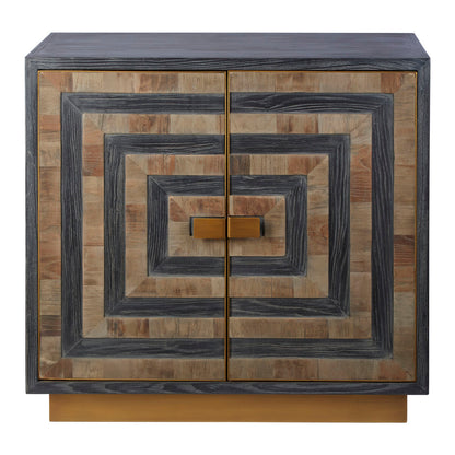 Wooden cabinet with geometric design on a white background