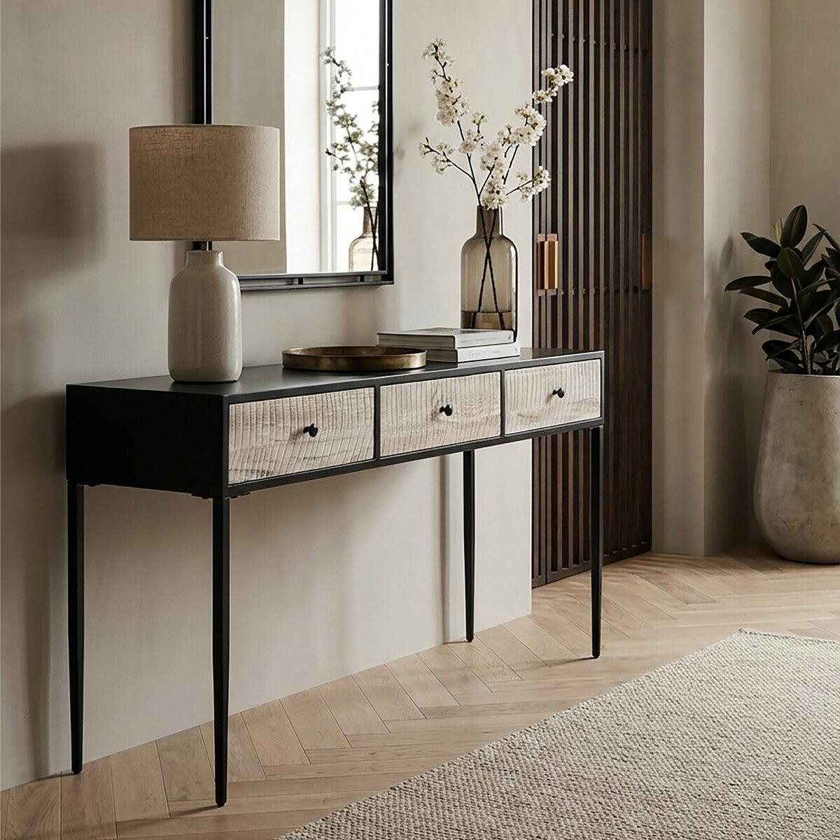 Black and Grey Textured Pine Wood Console Table with 3 White Storage Drawers, Luxor