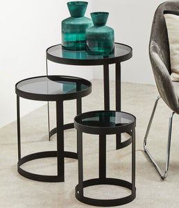 Set of 3 Black Glass Top and Metallic Base Nesting Tables, Corra