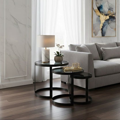 Set of 3 Black Glass Top and Metallic Base Nesting Tables, Corra