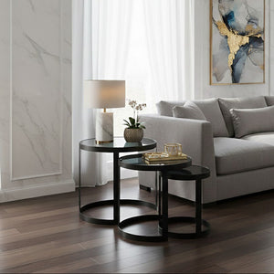Set of 3 Black Glass Top and Metallic Base Nesting Tables, Corra