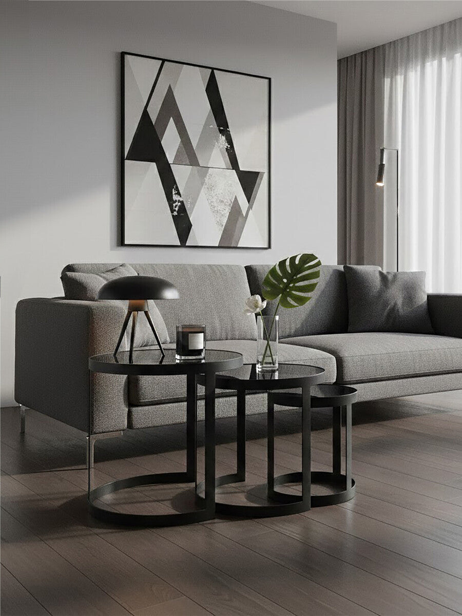 Set of 3 Black Glass Top and Metallic Base Nesting Tables, Corra