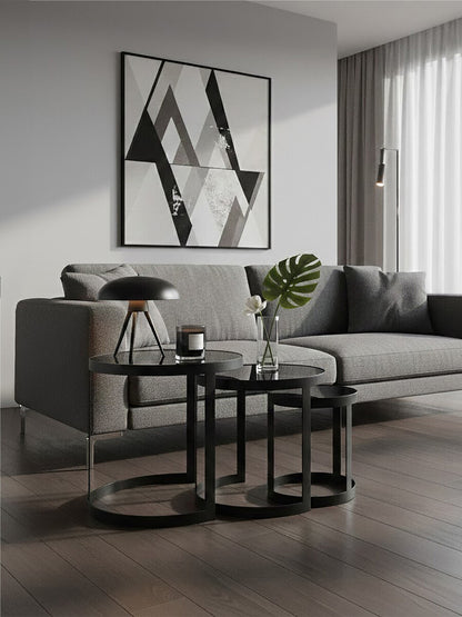 Set of 3 Black Glass Top and Metallic Base Nesting Tables, Corra