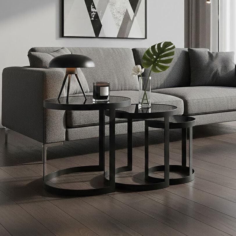 Modern living room with gray sofa, geometric art, and city view