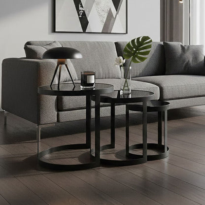 Modern living room with gray sofa, geometric art, and city view