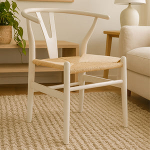 Lyon Antique White Finish Beech Wood Wishbone Chair with Woven Seat