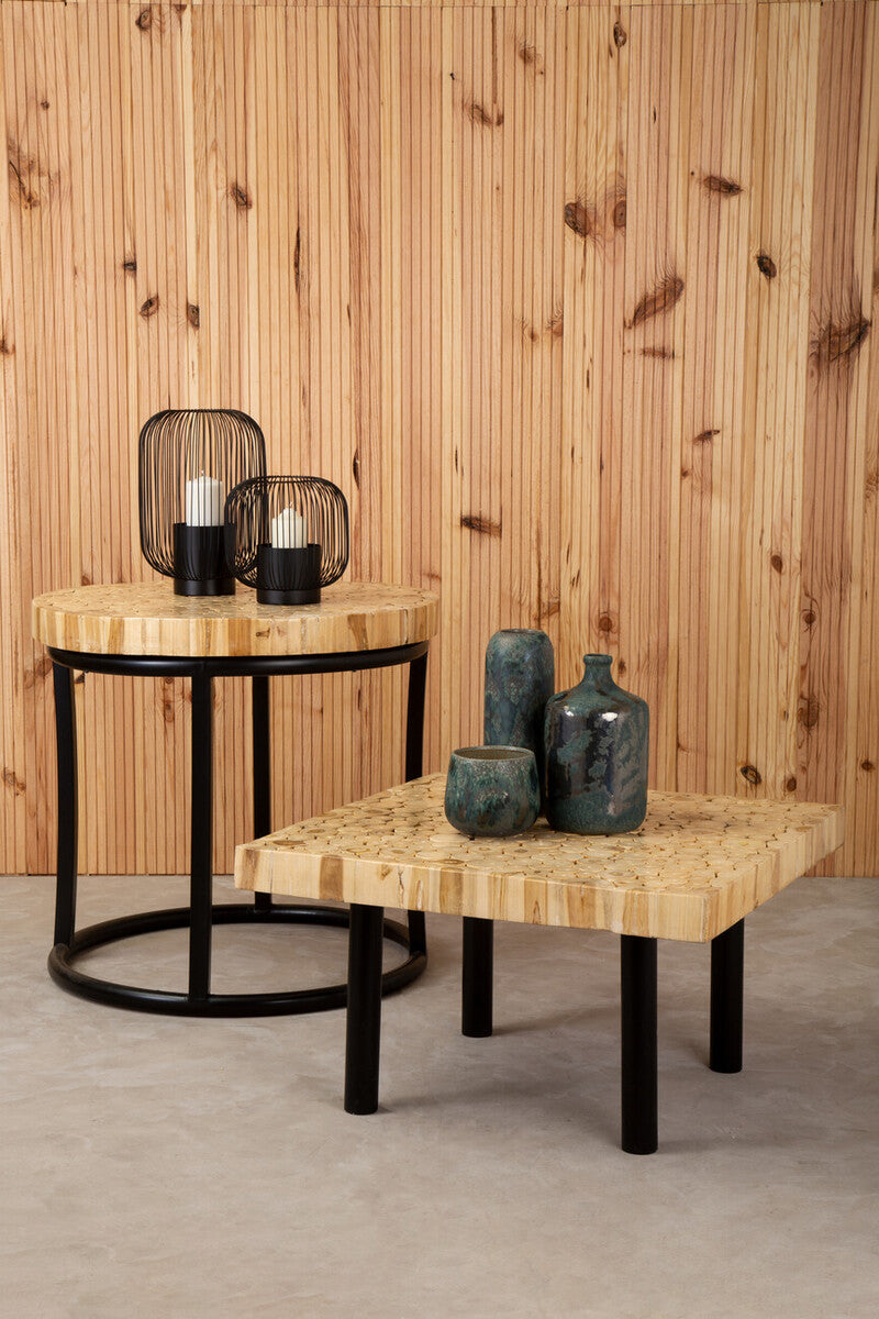 Teak Wood Mosaic Round Top Coffee Table with Black Iron Frame, Malang