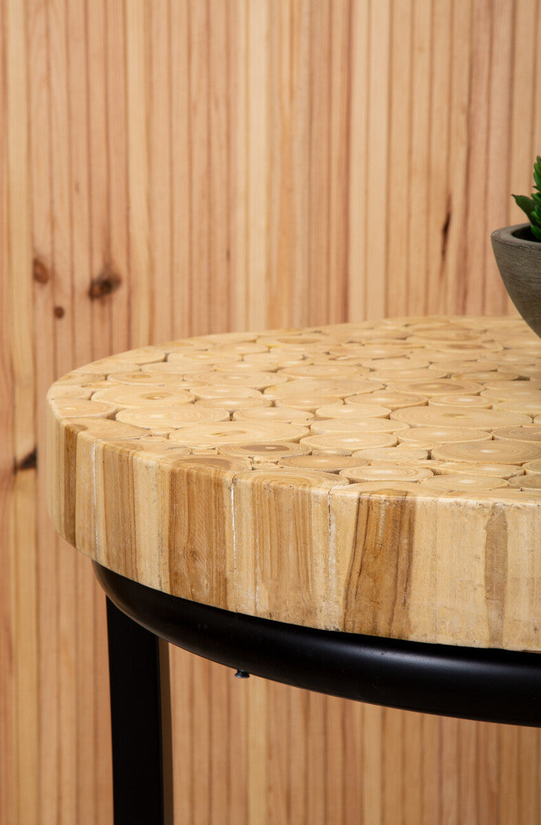 Teak Wood Mosaic Round Top Coffee Table with Black Iron Frame, Malang