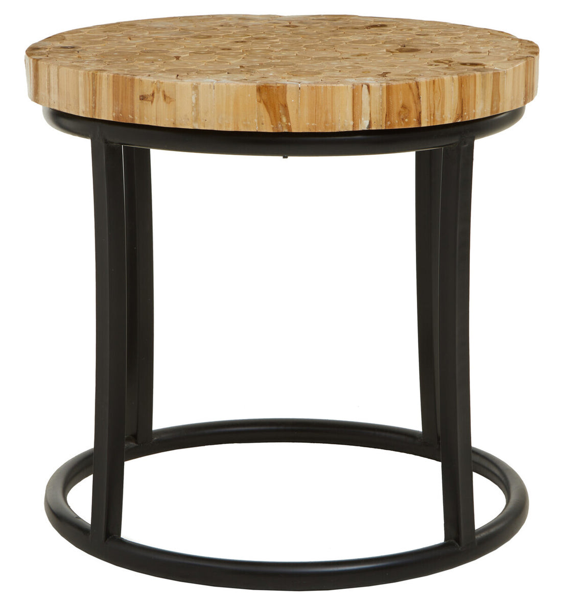 Teak Wood Mosaic Round Top Coffee Table with Black Iron Frame, Malang