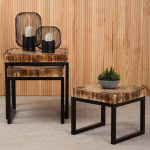 Set of 3 Rustic Teakwood Top Nesting Tables with Black Metallic Bases, Malang
