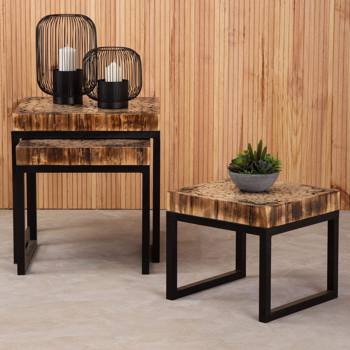 Set of 3 Rustic Teakwood Top Nesting Tables with Black Metallic Bases, Malang