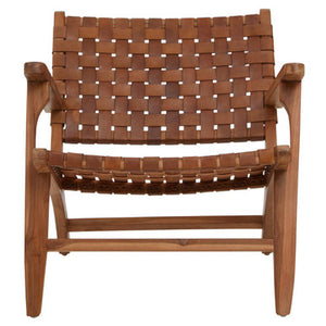 Inca Brown Leather Lattice Design Armchair with Teak Wood Frame