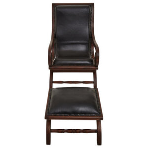 Inca Genuine Black Leather and Teak Lounge Chair with Footstool
