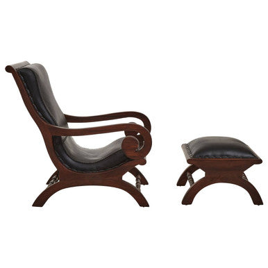 Inca Genuine Black Leather and Teak Lounge Chair with Footstool