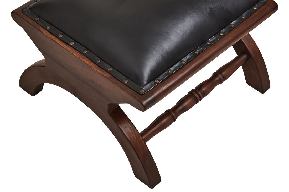 Inca Black Leather Lounge Chair and Footstool with Teak Wood Frame