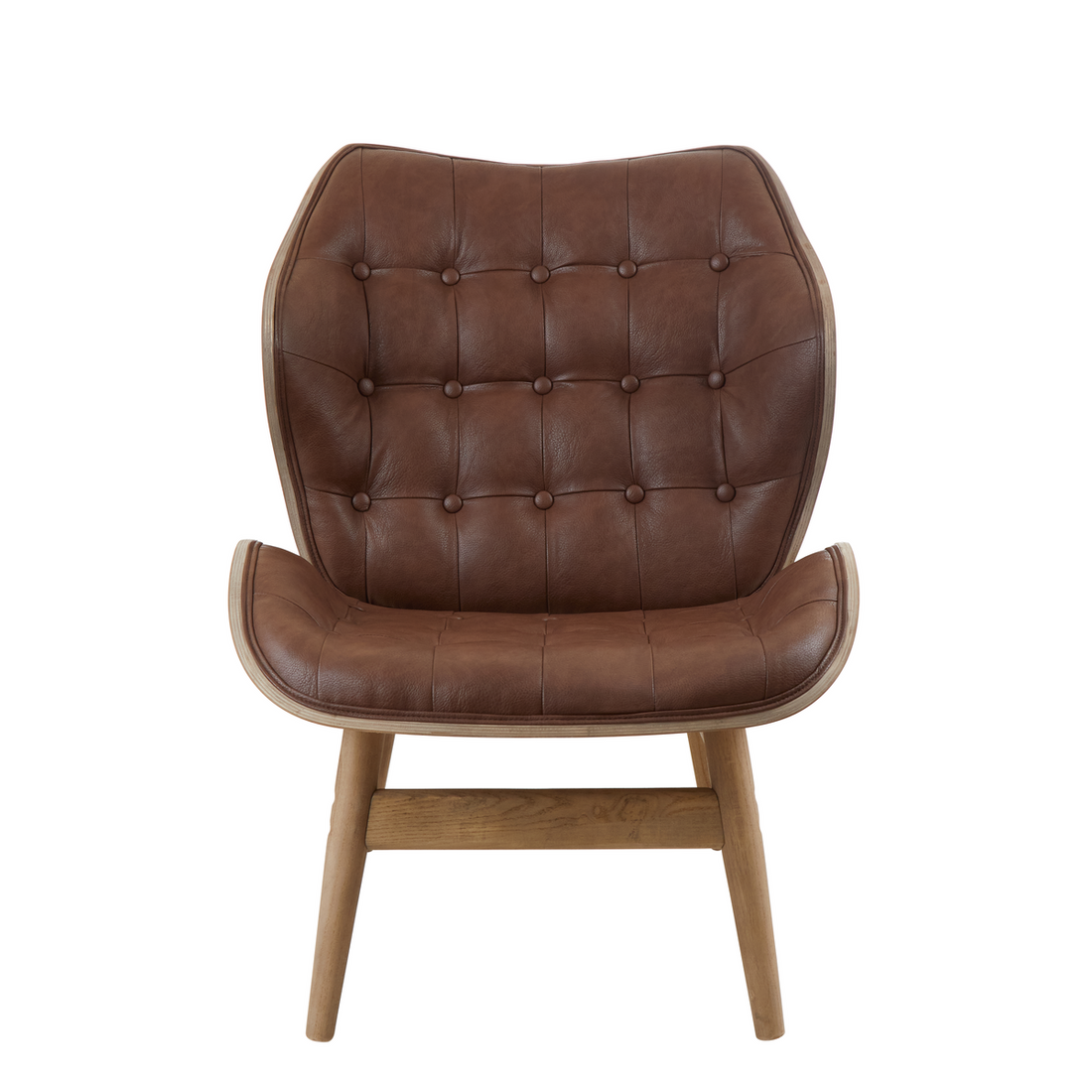 Brown leather chair with wooden legs on a white background