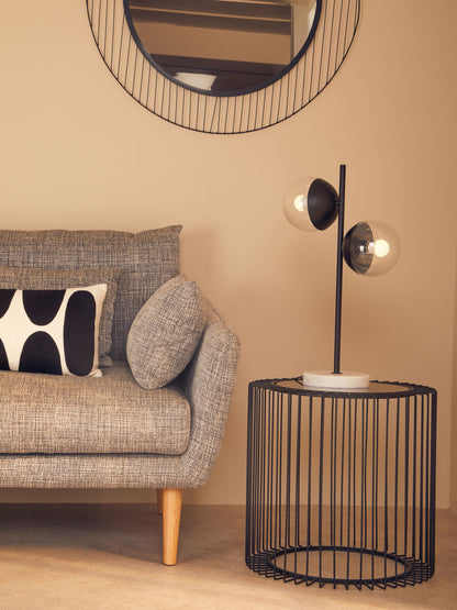 Tempered Glass Top Round Side Table with Black Wireframe Cage Design Base | Trento