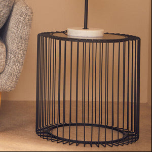 Tempered Glass Top Round Side Table with Black Wireframe Cage Design Base, Trento