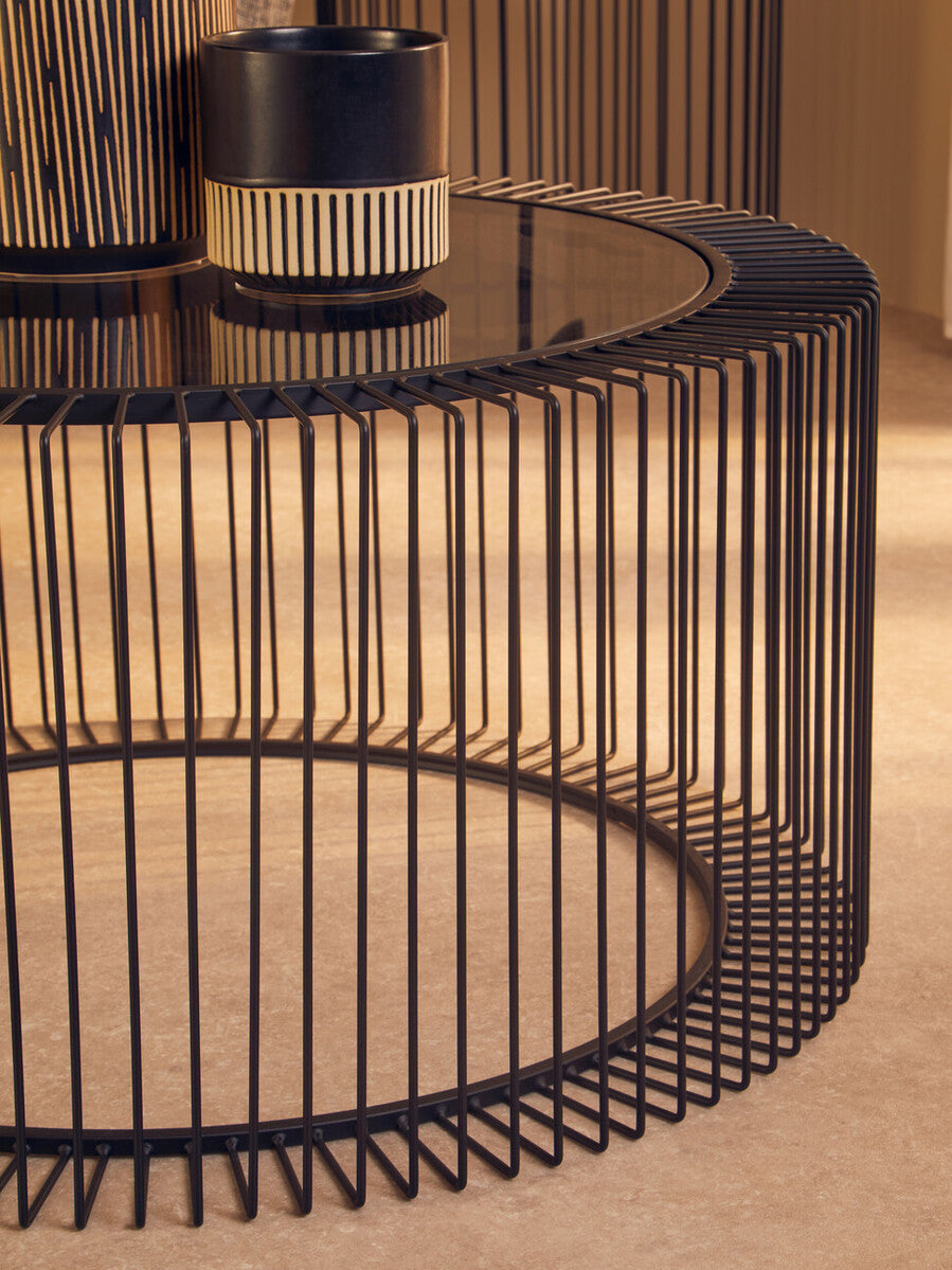 Trento Black Metal Round Coffee Table with Glass Top