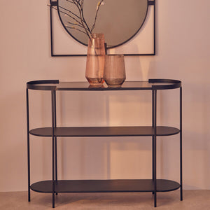 Trento Grey Glass and Black Metal 3 Tier Console Table