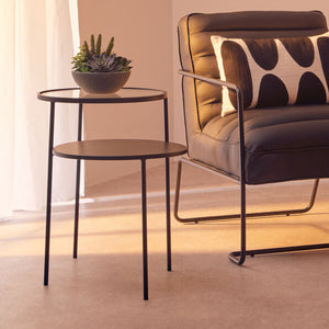 Clear Glass Top and Black Metal Lower Top End Table with Black Iron Frame, Trento