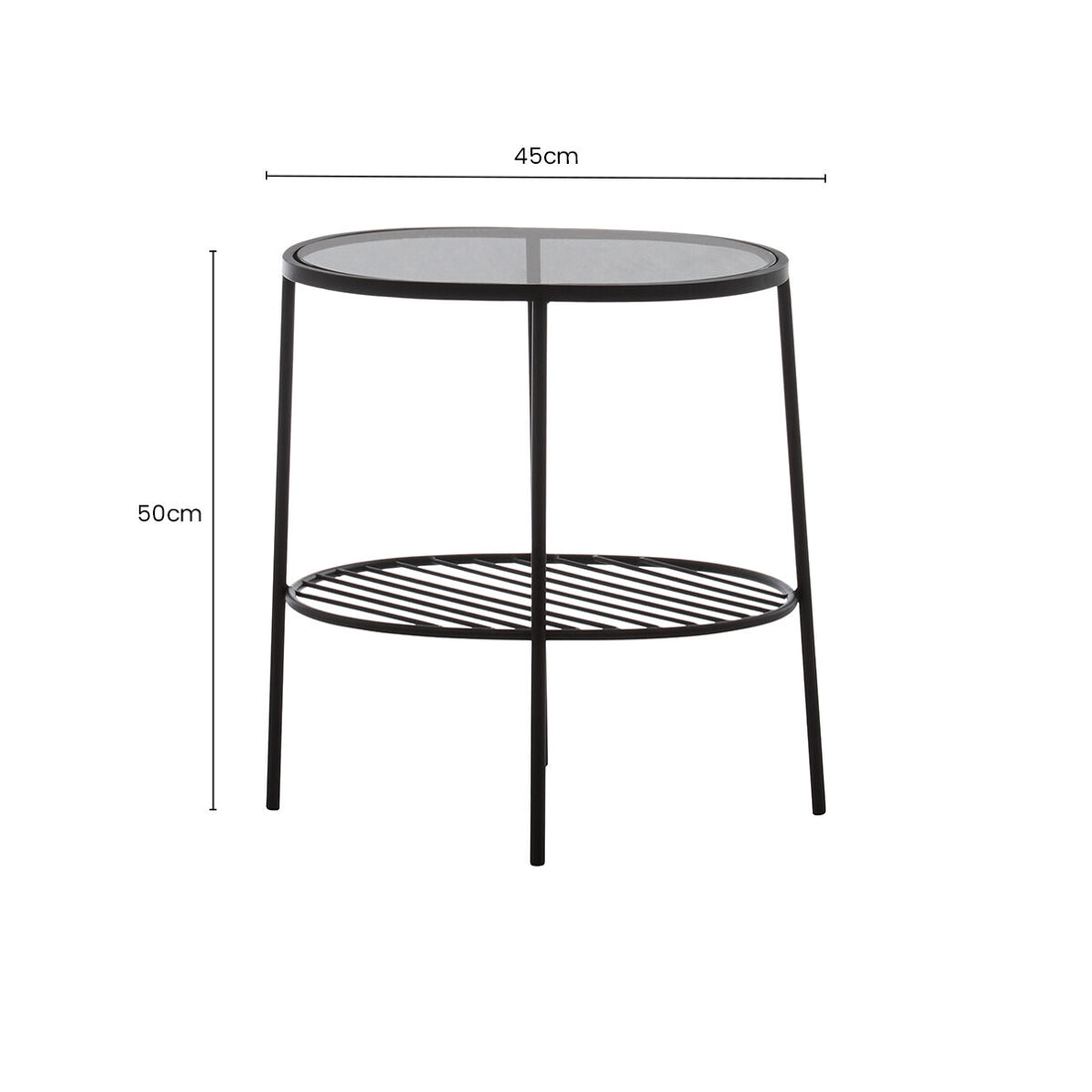 Grey Tempered Glass Side Table with Lower Metal Tier and Black Iron Frame, Trento