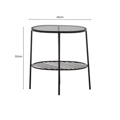 Grey Tempered Glass Side Table with Lower Metal Tier and Black Iron Frame | Trento