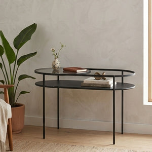 Trento Grey Glass and Black Finish 2 Tier Oval Coffee Table