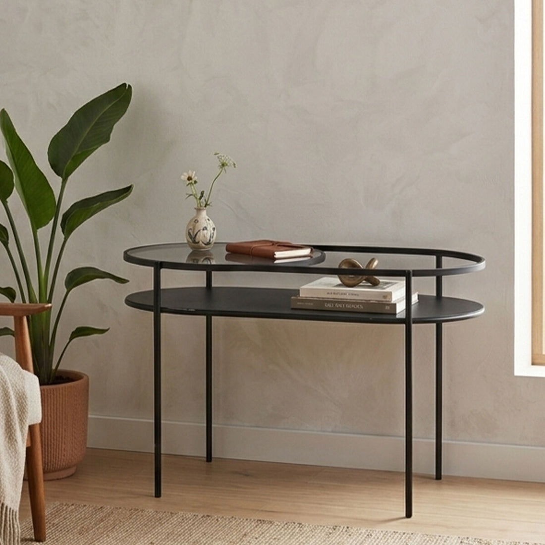 Black Metal Two Tier Oval Side Table with Grey Tempered Glass Top, Trento