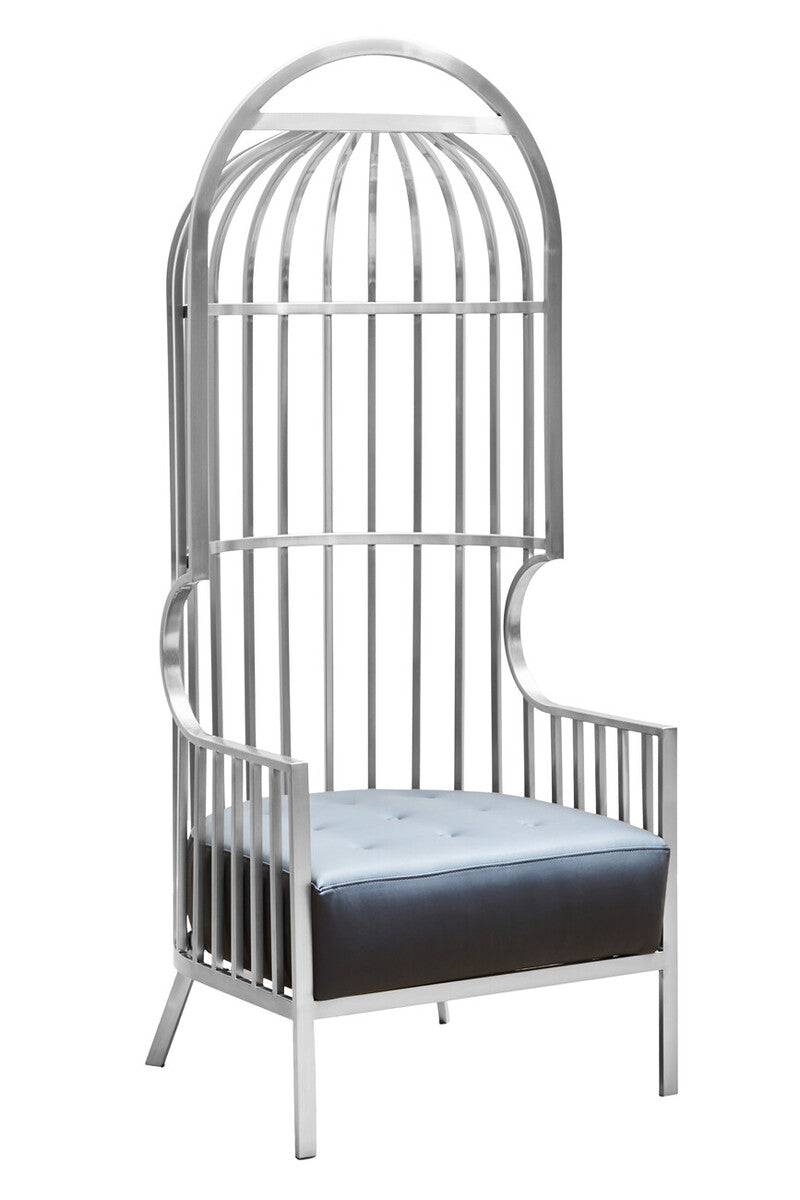 Metallic birdcage-style chair with a cushion on a white background