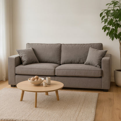 Gray sofa in a living room with a wooden coffee table and decorative items.