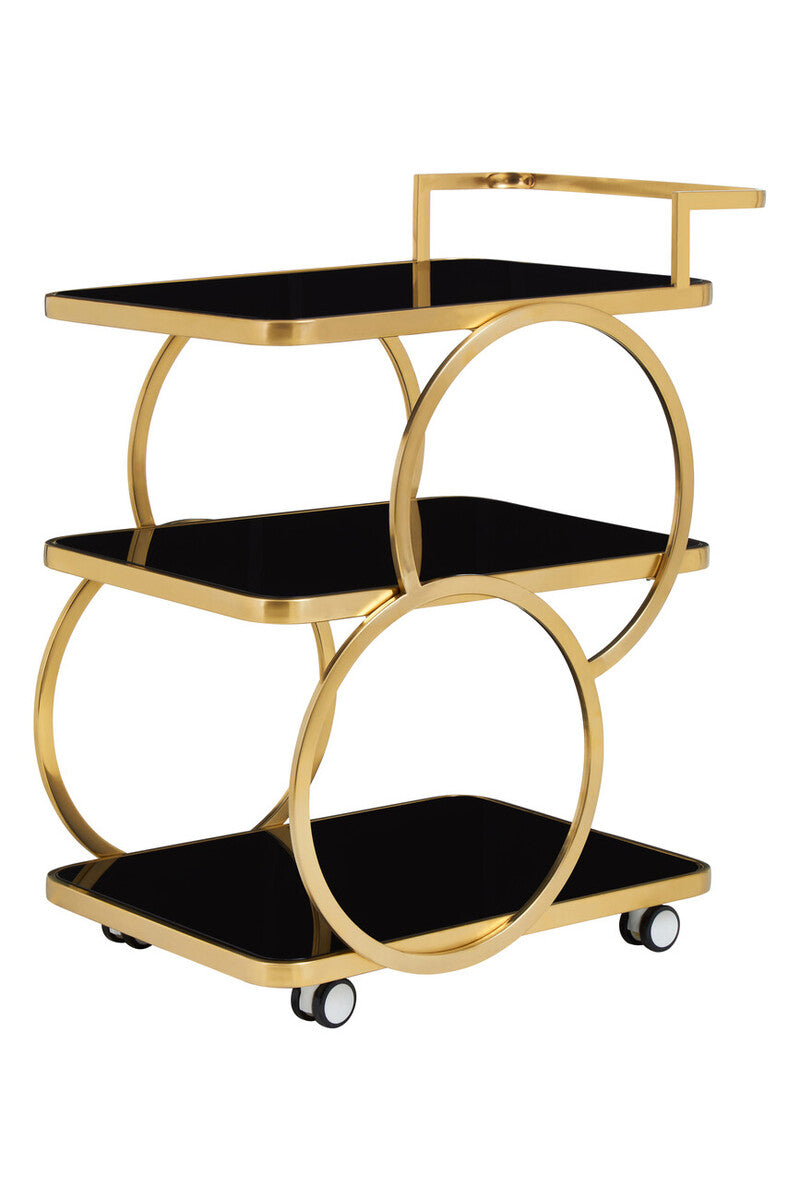 Alvaro Black Glass and Gold Finish Drinks Trolley
