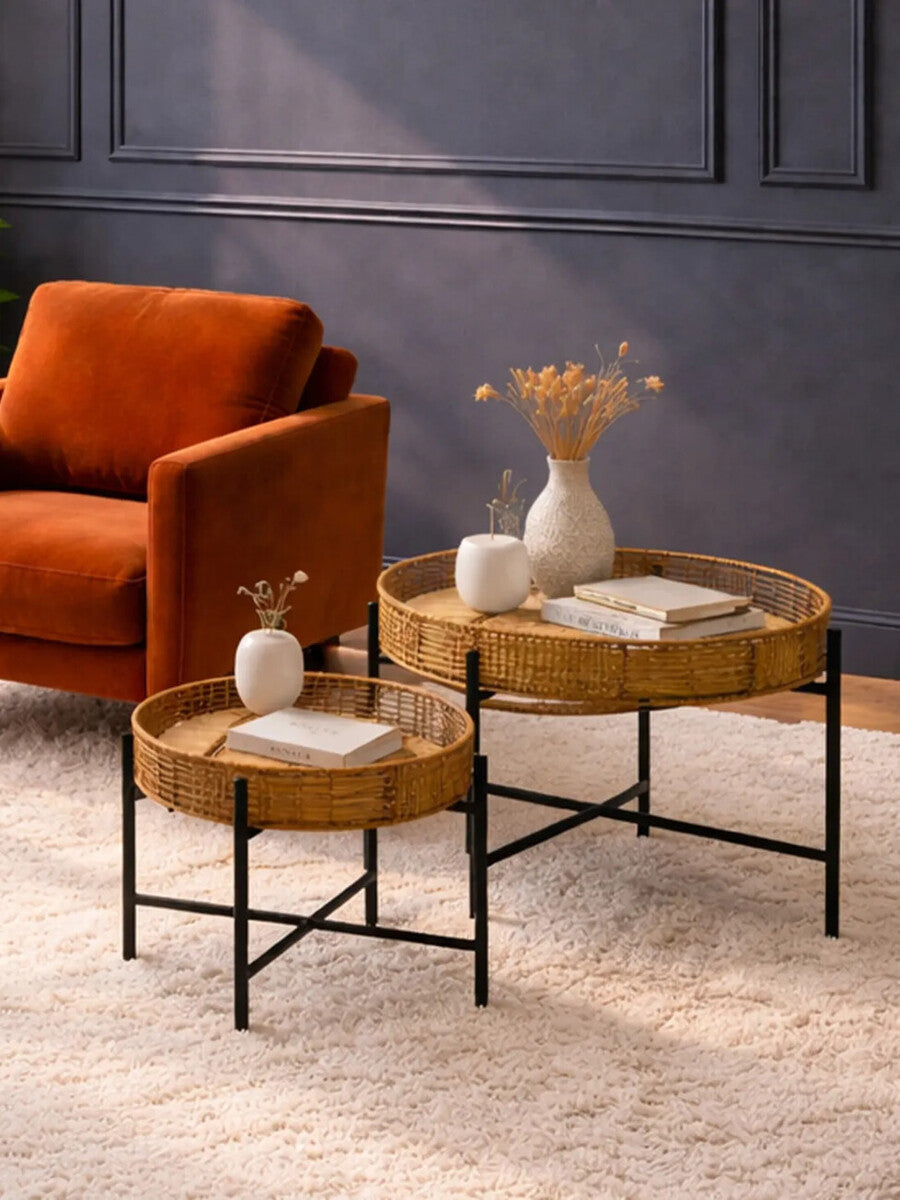 Set of 2 Natural Rattan Top Side Tables with Cross Black Metal Frame, Batu