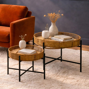 Batu Natural Rattan and Black Metal Set of 2 Side Tables