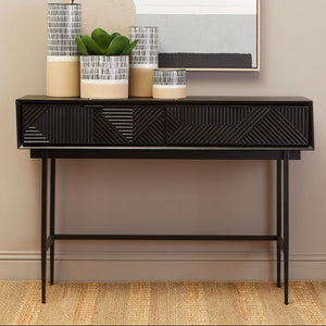 Silver and Black Carved Wooden Effect Console Table with 2 Storage Drawer, Jakara