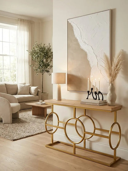 Natural Oak Wood Rectangular Console Table with Gold Finish, Jarloi