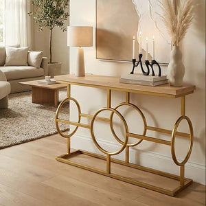Natural Oak Wood Rectangular Console Table with Gold Finish, Jarloi