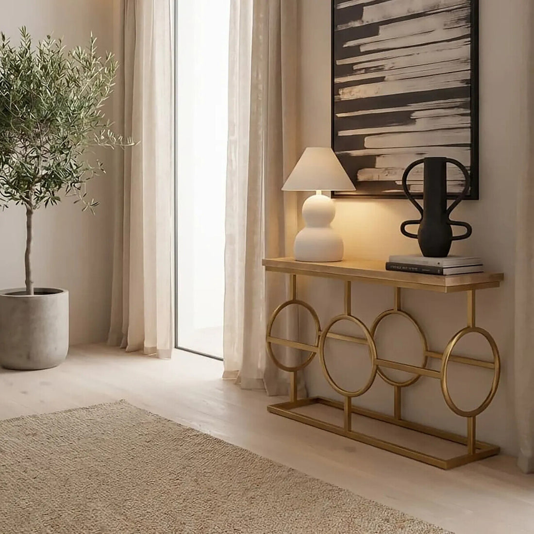 Natural Oak Wood Rectangular Console Table with Gold Finish, Jarloi