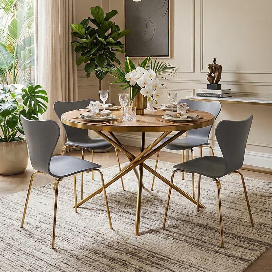 Gold Aged Fir Wood Rustic Top Dining Table with Stainless Steel Tied Base, Jana