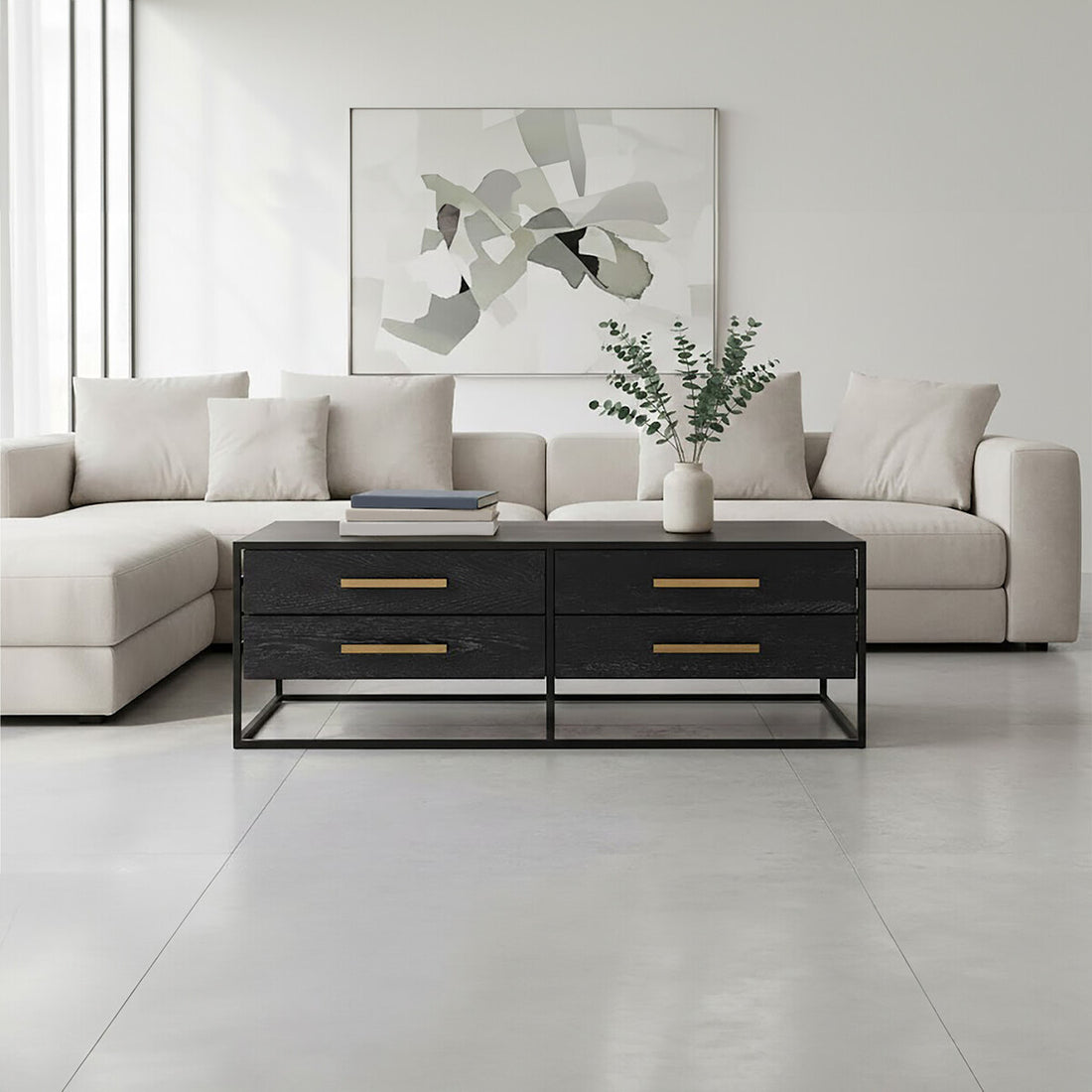 Modern living room with a sectional sofa, coffee table, and abstract art on the wall.