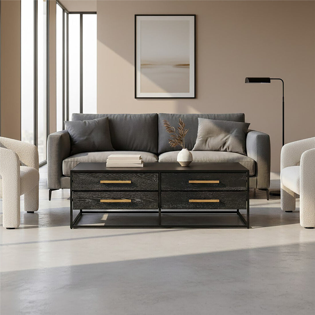 Modern living room with a gray sofa, dark wood coffee table, and abstract art on the wall.