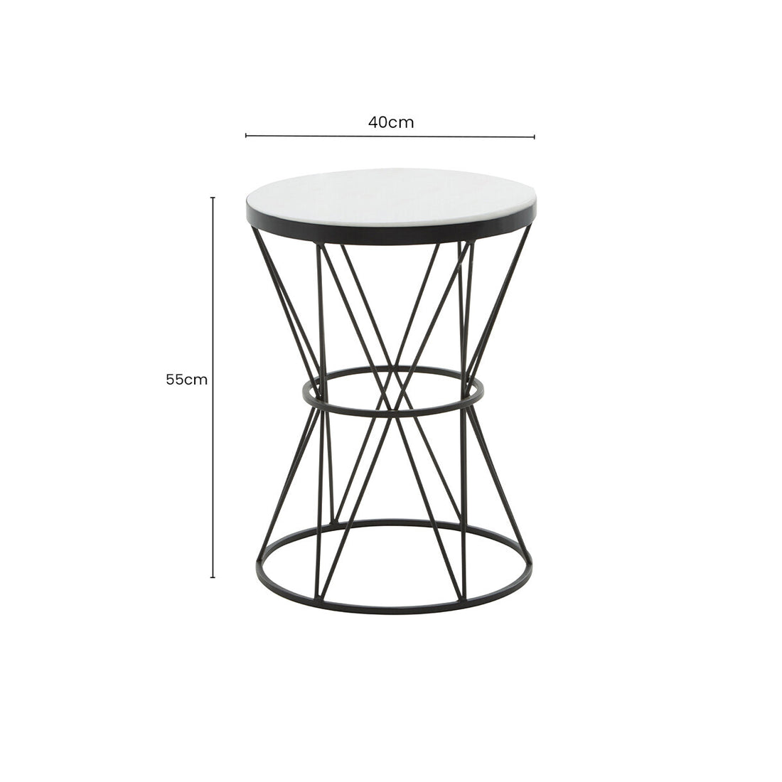 White Marble Top Side Table with Black Triangular Iron Base, Shalimar