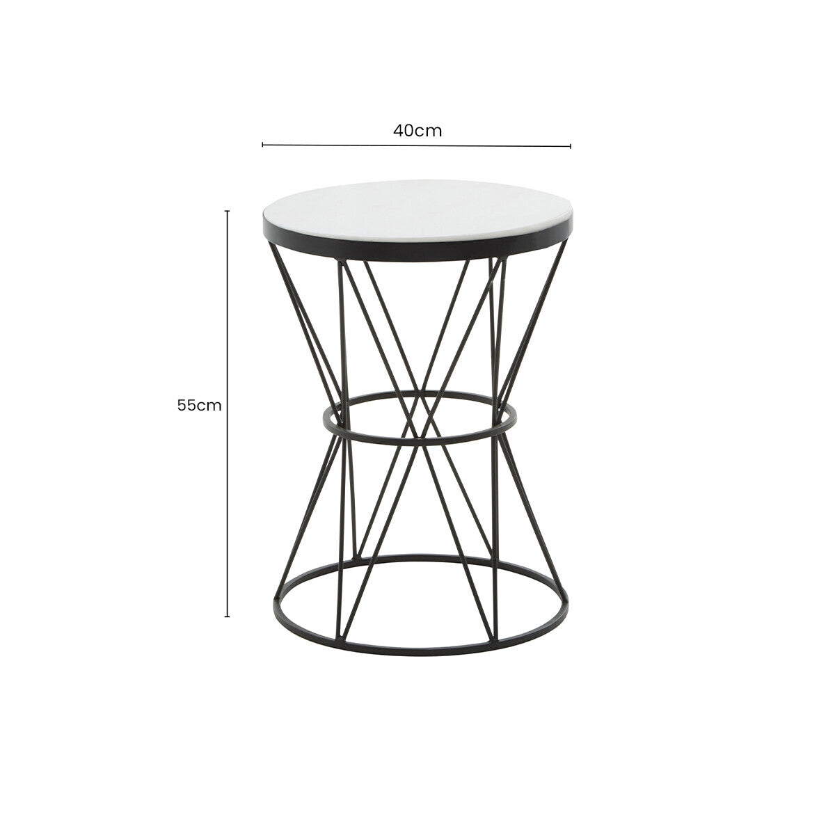 White Marble Top Side Table with Black Triangular Iron Base, Shalimar