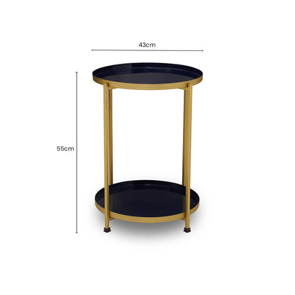 Blue Enamel Metal Two-Tier Side Table with Brass Finish Frame, Rabia