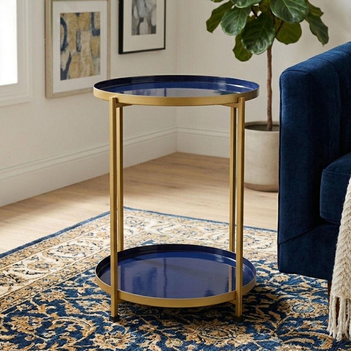 Blue Enamel Metal Two-Tier Side Table with Brass Finish Frame, Rabia