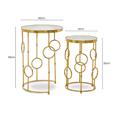 Gold Warm Metallic Finish Set of 2 Side Table with Multi Circle Pattern, Rabia