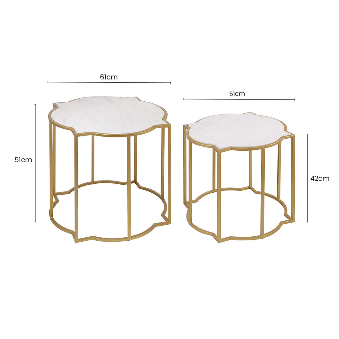 White Marble Quatrefoil Top Set of 2 Side Table with Brass Finish Frames, Rabia