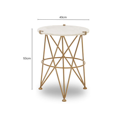 White Rounded Marble Top Side Table with Gold Brass Finish Intersecting Legs, Rabia