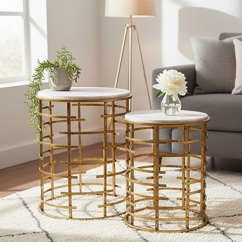 Rabia Gold Set Of 2 Round Tables with Marble Top - Image 1