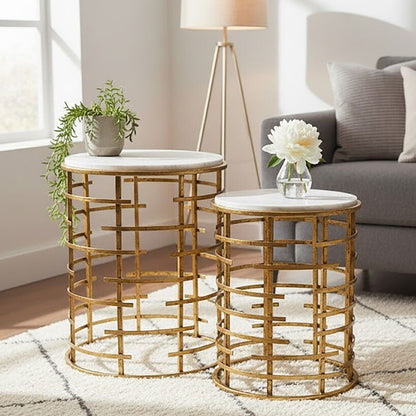 Rabia Gold Set Of 2 Round Tables with Marble Top - Image 1